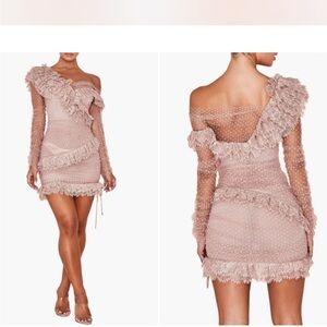 House of CB One-Shoulder Ruffle Mini Dress in Blush Pink